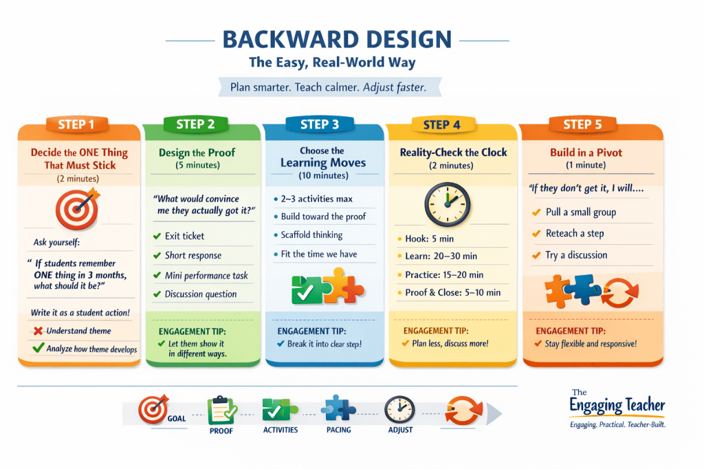 Infographic showing a five-step backward design lesson planning process for teachers, including identifying the core learning goal, designing evidence of understanding, selecting learning activities, pacing instruction realistically, and planning instructional pivots.