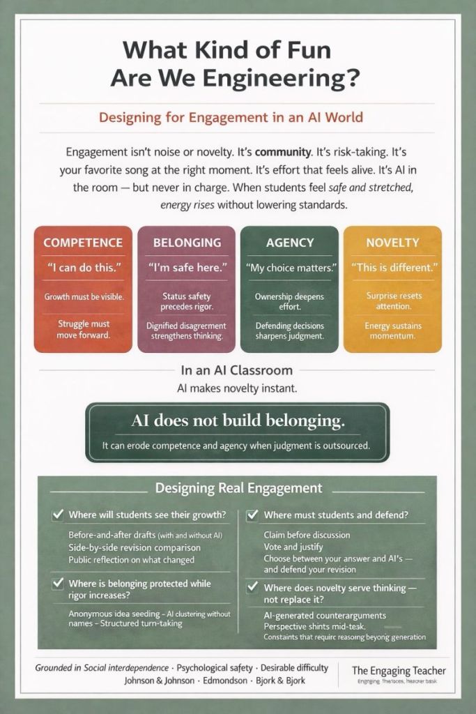 Infographic discussing engagement strategies in an AI context, emphasizing community, competence, belonging, agency, and novelty.