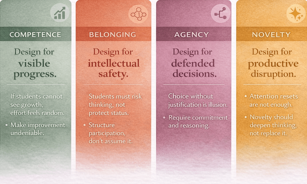 Graphic illustrating four educational design principles: Competence for visible progress, Belonging for intellectual safety, Agency for defended decisions, and Novelty for productive disruption.