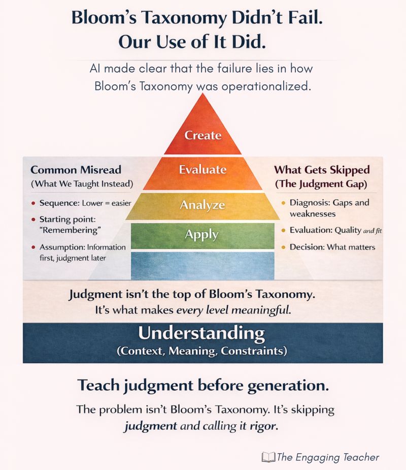 Adapted version of Bloom’s taxonomy highlighting judgment and evaluation as central skills in the age of AI.