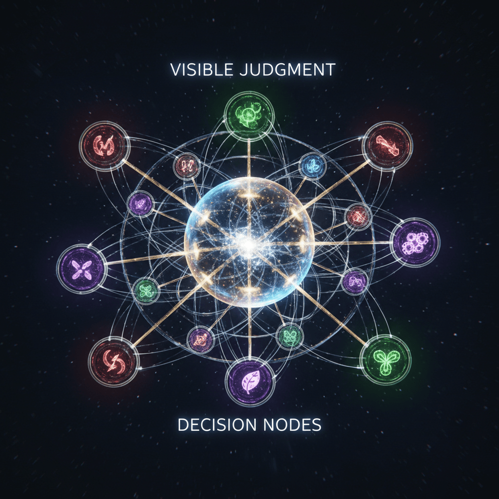 Abstract visible judgment, glowing decision nodes