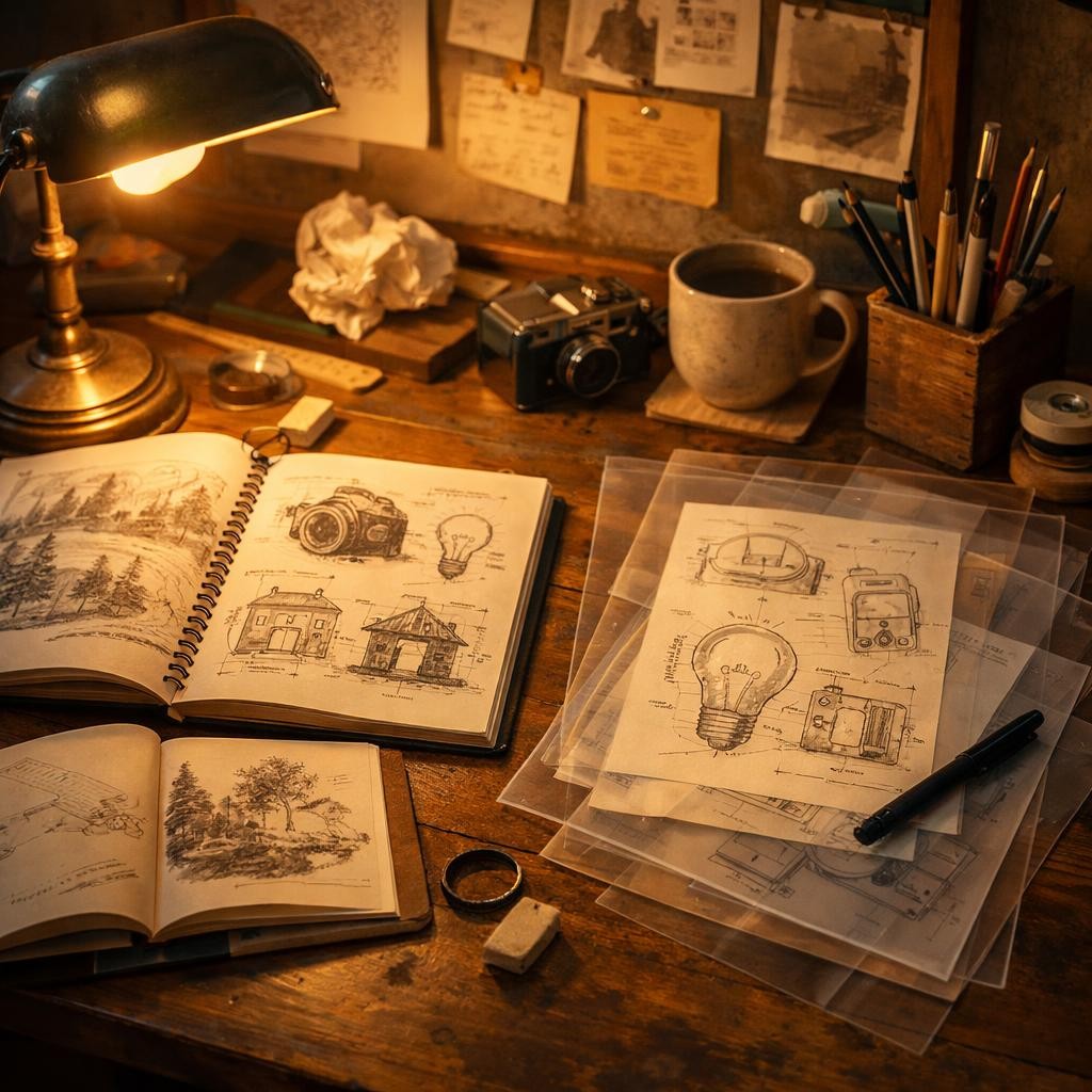 Desk with vintage camera, sketches of buildings and inventions, drawing tools, and a cup of coffee